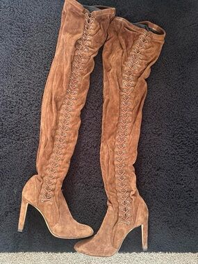 Jimmy Choo Cognac Suede Over-the-Knee Lace-Up Heeled Boots